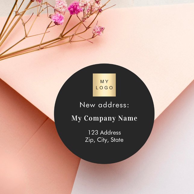 Business logo black white moved new address classic round sticker (Creator Uploaded)