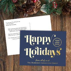Business Logo Blue Christmas Gold Foil Holiday Postcard