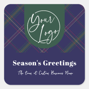 Business Logo Blue Plaid Corporate Holiday Gifts Square Sticker