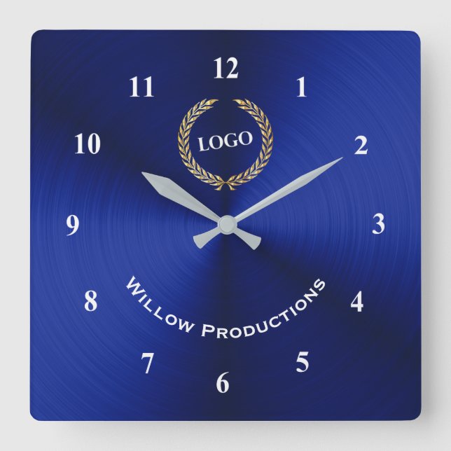 Business Logo Blue Square Wall Clock (Front)