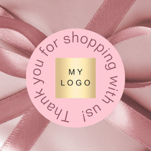 Business logo blush pink thank you for shopping classic round sticker