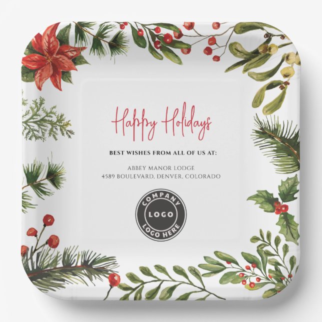 Business Logo Botanical Christmas Employees Party Paper Plate (Front)