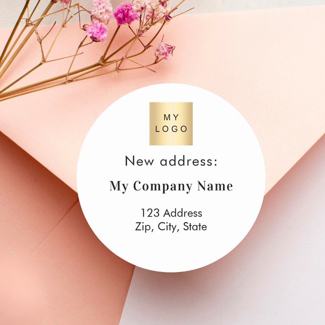 Business logo brand colour moved new address classic round sticker (Creator Uploaded)