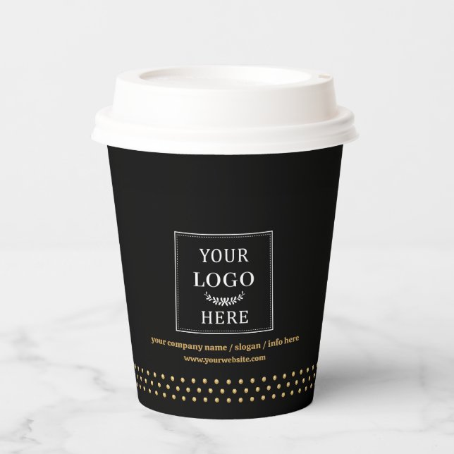 Business Logo Branded Paper Cup Black Gold Dots (Front)