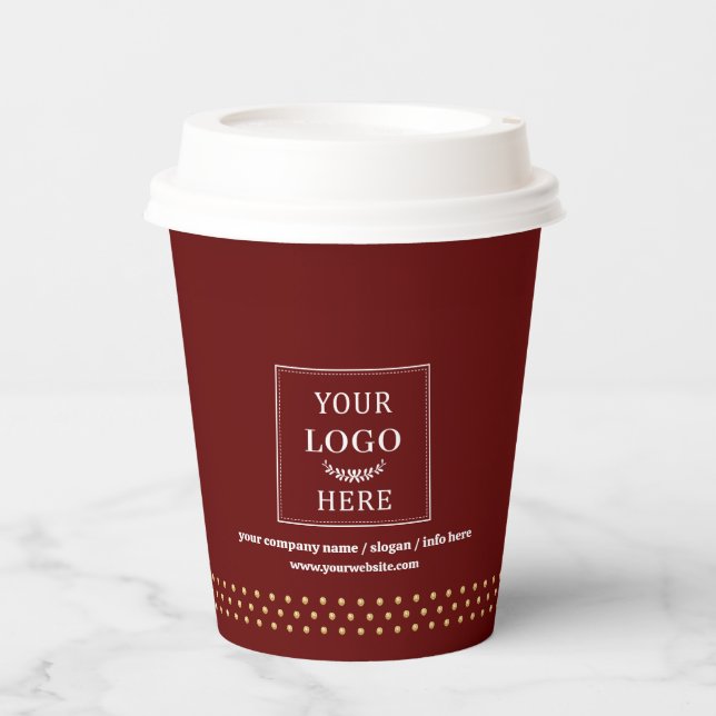 Business Logo Branded Paper Cup Burgundy Gold Dots (Front)