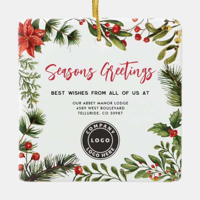 Business Logo Christmas Holidays Botanical Ceramic Ornament (Front)