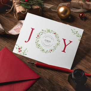 Business Logo Christmas JOY Watercolor Wreath  Holiday Card