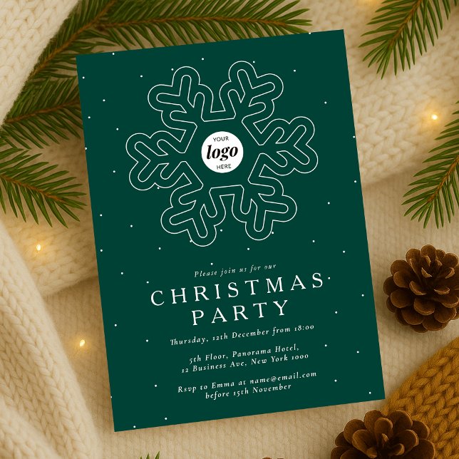 Business Logo Christmas Party Green Corporate Invitation (Company Christmas Party Invitation in green and white with snowflake detail and your logo)