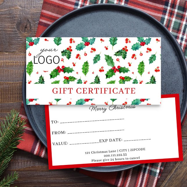 Business Logo Christmas Pattern Gift Certificate (Logo branded christmas gift certificates by Busy Business Bee)