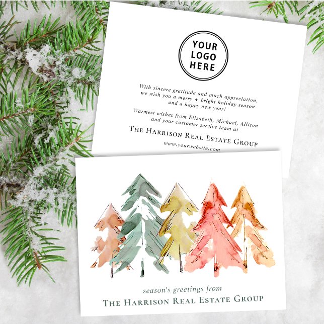 Business Logo Christmas Pine Trees Watercolor Holiday Card (Creator Uploaded)