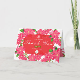 Business Logo Christmas Poinsettia White Thank You Card