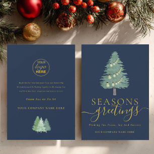 Business Logo Christmas Tree Seasons Greeting Blue Holiday Card
