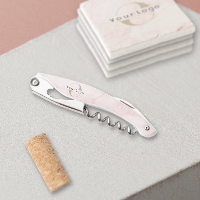Business Logo Company Pink marble Wine bottle Corkscrew (Creator Uploaded)