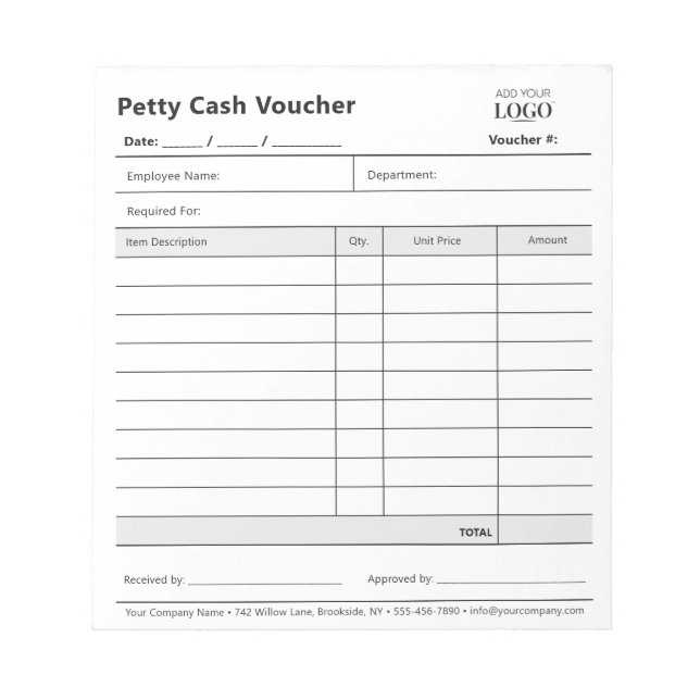 Business Logo Corporate Expense Petty Cash Voucher Notepad (Front)