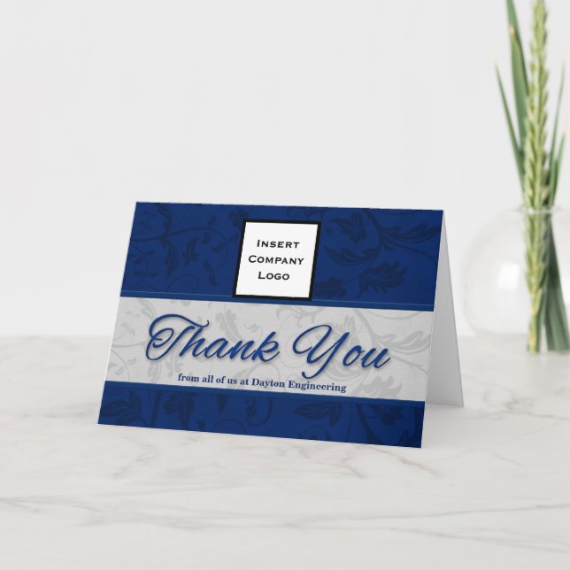 Business Logo Custom Blue Damask Thank You Card (Front)