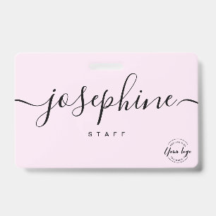 Business logo Custom script name pink staff ID Badge