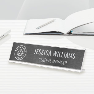Business Logo Elegant Employee Faux Brushed Black Desk Name Plate