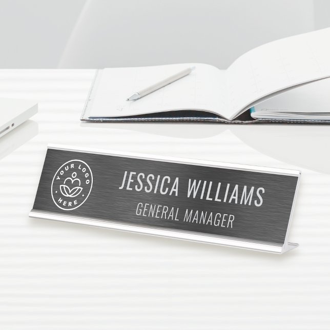 Business Logo Elegant Employee Faux Brushed Black Desk Name Plate (Creator Uploaded)