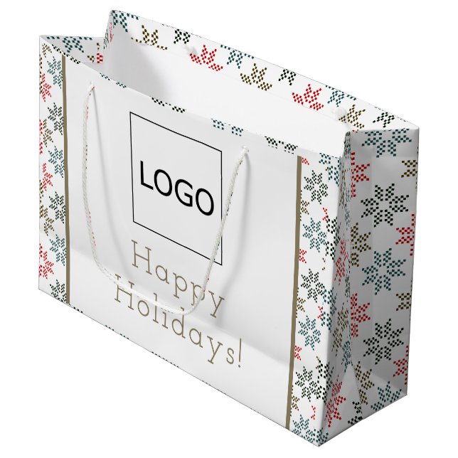 Business Logo Elegant Poinsettia Motif Christmas Large Gift Bag (Front Angled)