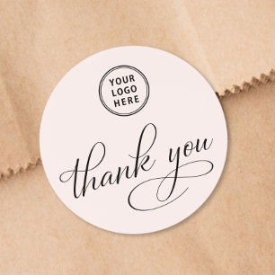 Business Logo Elegant Script Pink Thank You Classic Round Sticker