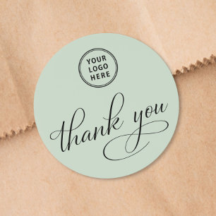 Business Logo Elegant Script Sage Green Thank You Classic Round Sticker