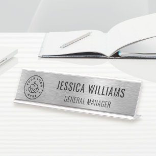Business Logo Employee Elegant Faux Brushed Silver Desk Name Plate