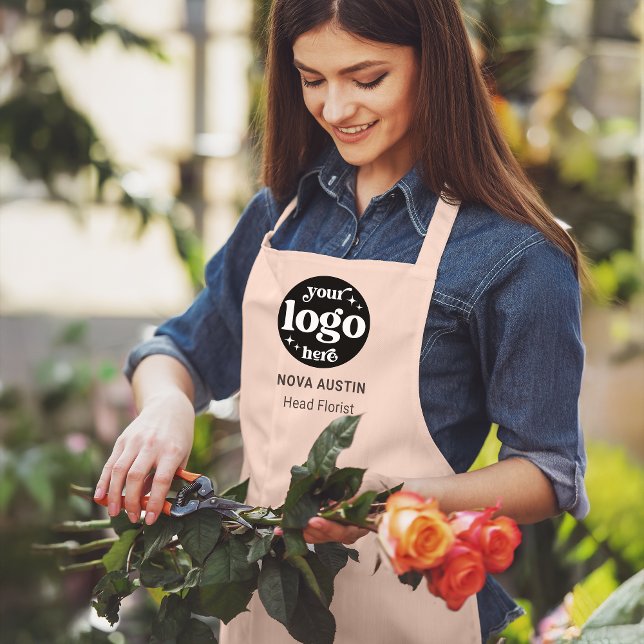 Business Logo Employee Name Job Title Blush Pink Apron (Creator Uploaded)