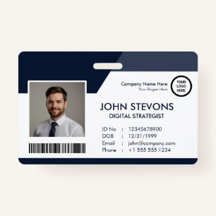 Business Logo Employee Name Navy Blue Qr Code ID Badge