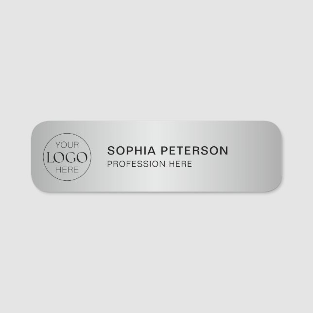 Business Logo Employee Staff Metallic Silver Name Tag (Front)