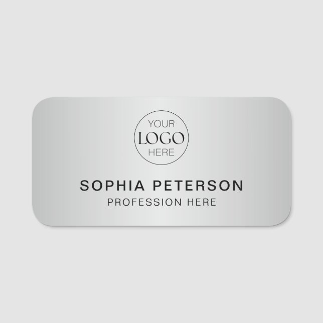 Business Logo Employee Staff Metallic Silver Name Tag (Front)