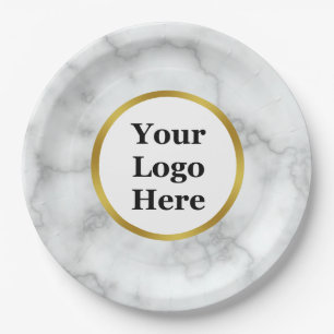 Business Logo Faux Gold & White Marble Paper Plate