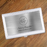Business Logo Faux Silver Foil Business Card Holder<br><div class="desc">Create your own small business logo decorative business card case.
The background features a silver and silvery grey ombre faux brushed metal foil digital art graphic.
The elegant calligraphy and modern all caps font styles can be customised.
The digital art elements print like a photo on your product.</div>
