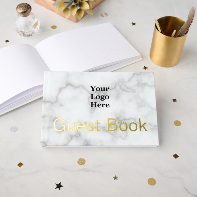 Business Logo Faux White Marble and Gold Text Guest Book (Front Open)