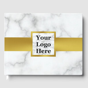Business Logo Faux White Marble Gold Corporate Guest Book
