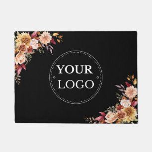 Business Logo Floral Modern Black Promotional  Doormat