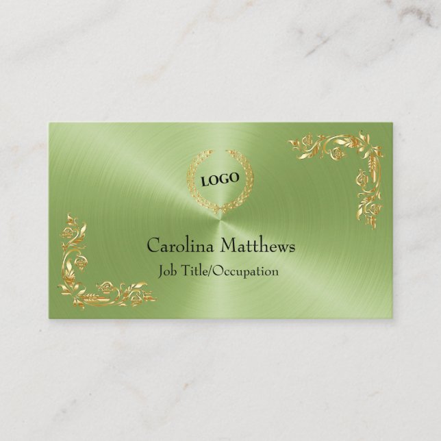 Business Logo Gold Foil Floral Corner Green Card (Front)