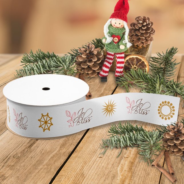 Business Logo, Gold Snowflakes, Branded Gift Grosgrain Ribbon (white gift ribbon with company business logo, gold beige terracotta christmas snowflakes)