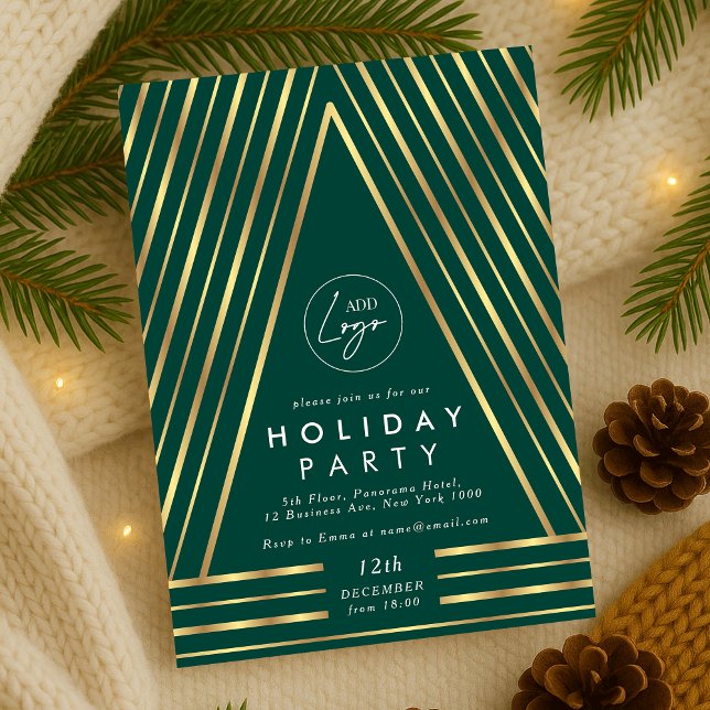 Business Logo Green & Gold Christmas Staff Party Invitation (Modern emerald green and gold Christmas Party Business Logo Invitation)