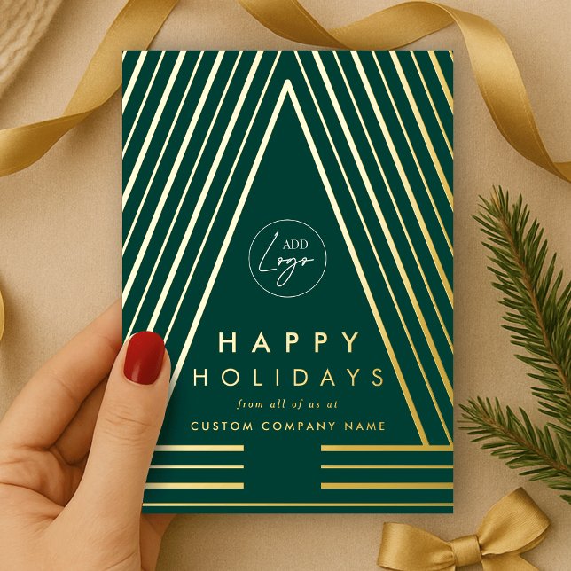 Business Logo Green & Gold Geometric Christmas (Professional Christmas tree green and gold foil corporate logo holiday cards)