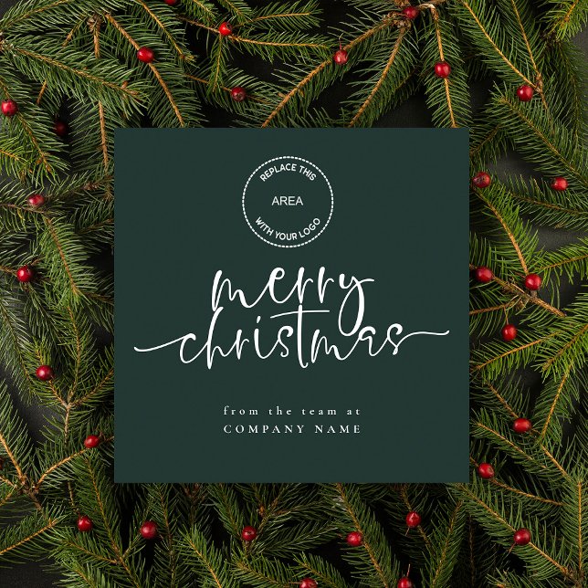 Business Logo Green Merry Christmas Square Holiday Card (Available digitally and printed)