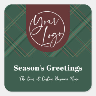 Business Logo Green Plaid Corporate Holiday Gifts Square Sticker