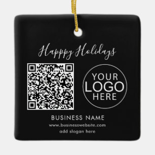 Business Logo Happy Holidays QR Code Promotional Ceramic Ornament