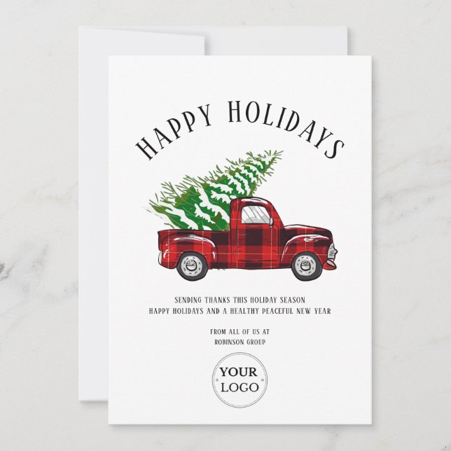 Business Logo Happy Holidays Red Plaid Truck Holiday Card (Front)