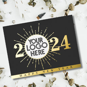 Business Logo Happy New Year   Black Gold Foil Holiday Postcard