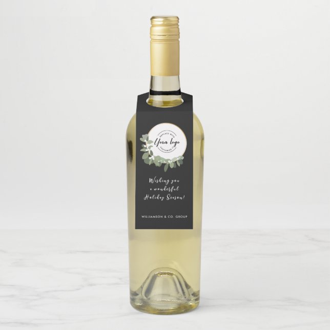 Business logo Holiday Message Modern Wreath Bottle Tag (On Bottle)