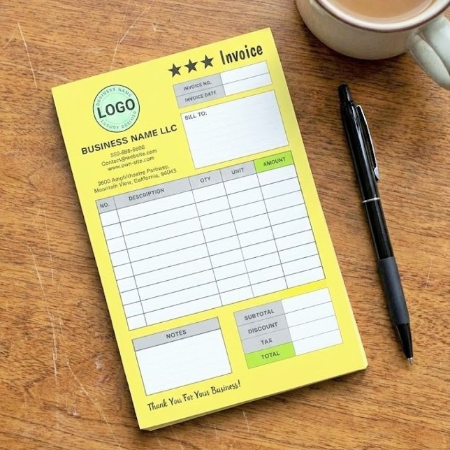 Business Logo Invoice Receipts | Custom Yellow Pad Post-it Notes (yellow bill pad, personalized invoice post-it notes, business logo sticky notes)