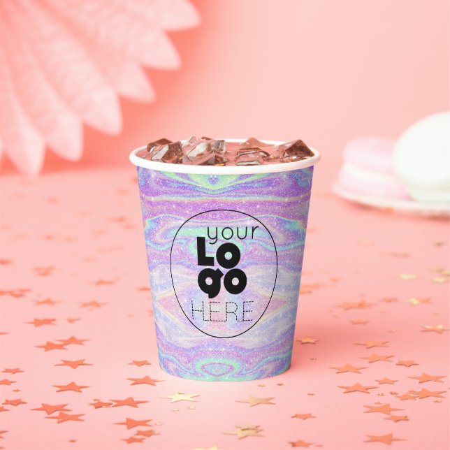 Business Logo Iridescent Glitter Paper Party Cups (Insitu)