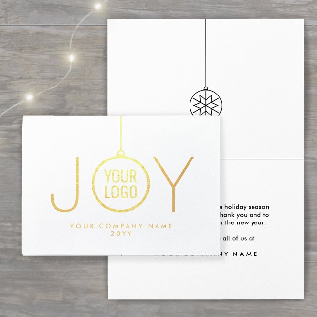 Business Logo JOY Christmas Ornament Chic Holiday Foil Card (Creator Uploaded)