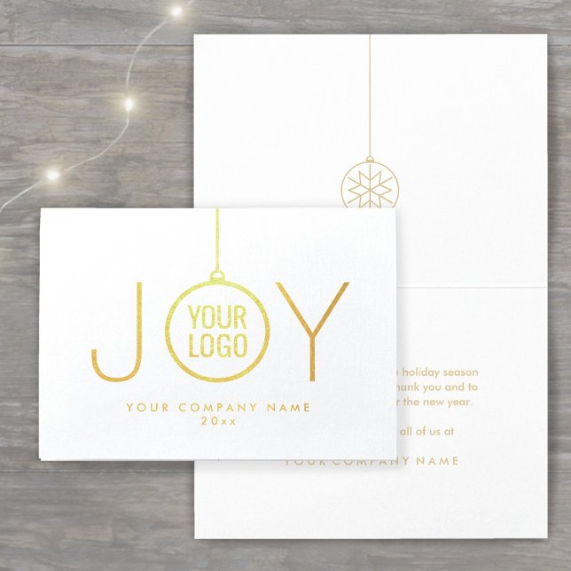 Business Logo JOY Christmas Ornament White Holiday Foil Card (Creator Uploaded)