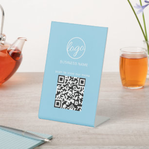 Business Logo Light Blue QR Code Menu Restaurant Pedestal Sign
